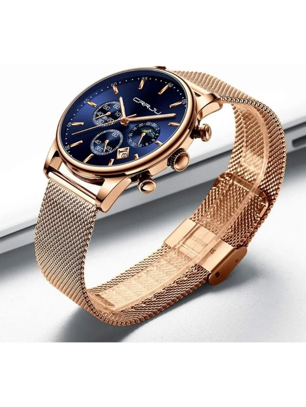 Men's Rose Gold Blue Chronograph Waterproof Steel Quartz Mesh Strap Casual Watch